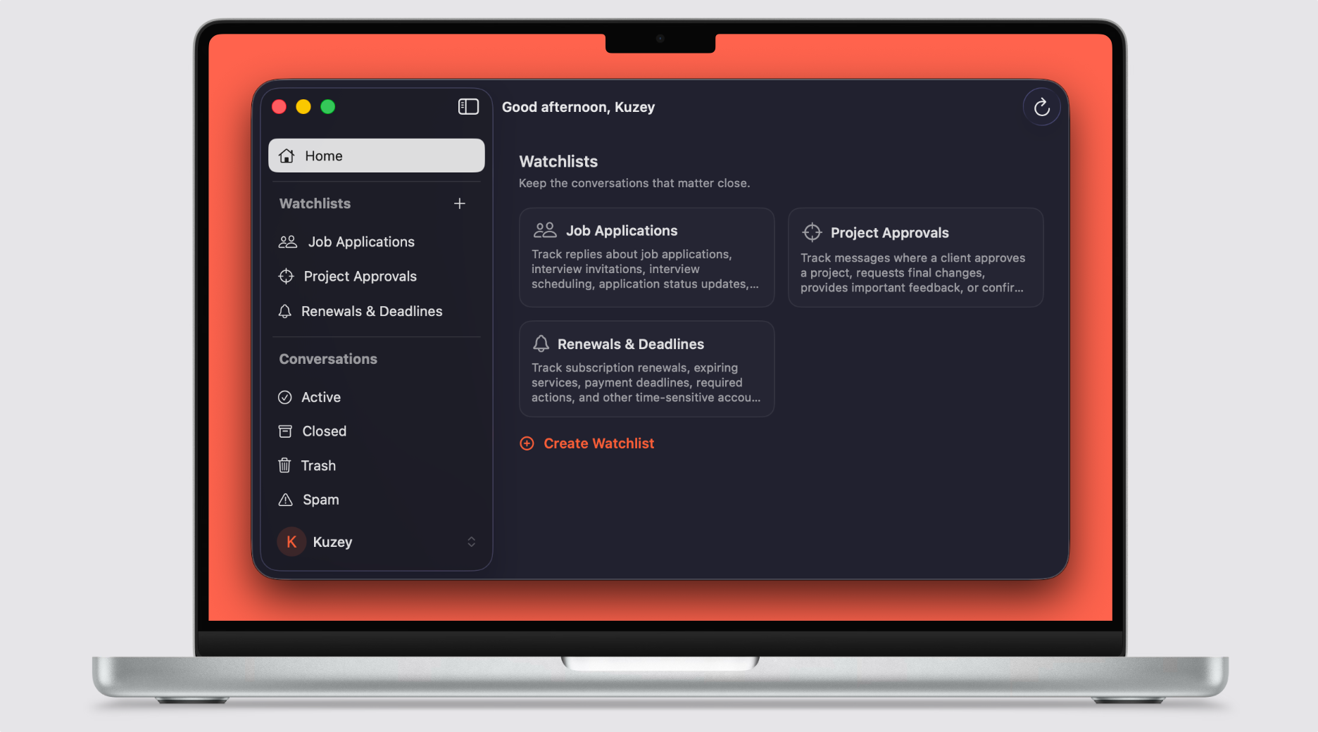 MailWatch app window preview showing Watchlists and matching Gmail conversations